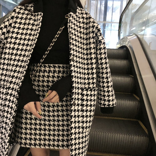 Black and white houndstooth jacket women's autumn and winter woolen jacket 2020 popular cashmere stitched nine-quarter sleeves