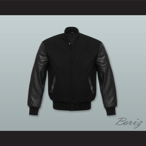 Black Wool and Black Lab Leather Varsity Letterman Jacket