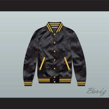 Load image into Gallery viewer, Black and Gold Varsity Letterman Satin Bomber Jacket