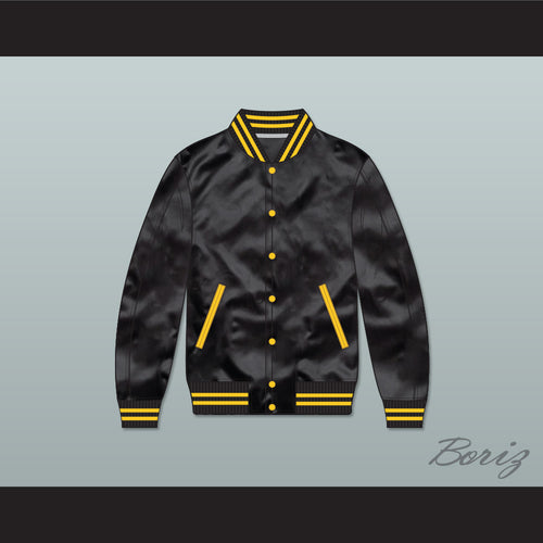 Black and Gold Varsity Letterman Satin Bomber Jacket