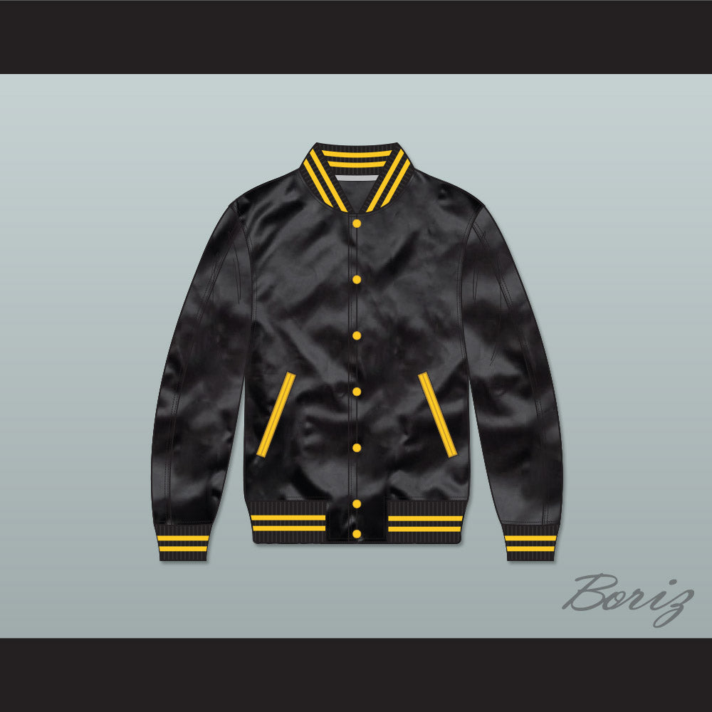 Black and Gold Varsity Letterman Satin Bomber Jacket