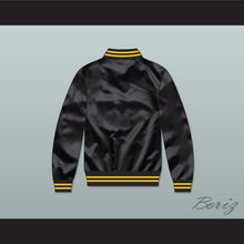 Load image into Gallery viewer, Black and Gold Varsity Letterman Satin Bomber Jacket