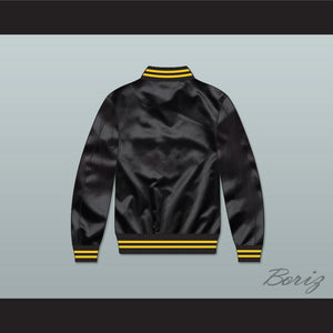 Black and Gold Varsity Letterman Satin Bomber Jacket
