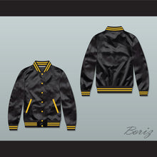 Load image into Gallery viewer, Black and Gold Varsity Letterman Satin Bomber Jacket