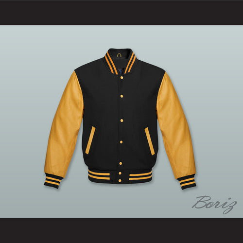 Black Wool and Gold Lab Leather Varsity Letterman Jacket