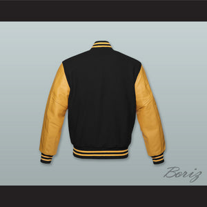 Black Wool and Gold Lab Leather Varsity Letterman Jacket