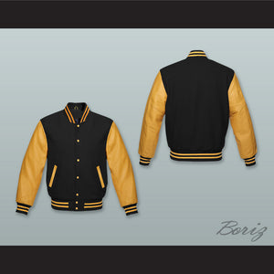 Black Wool and Gold Lab Leather Varsity Letterman Jacket