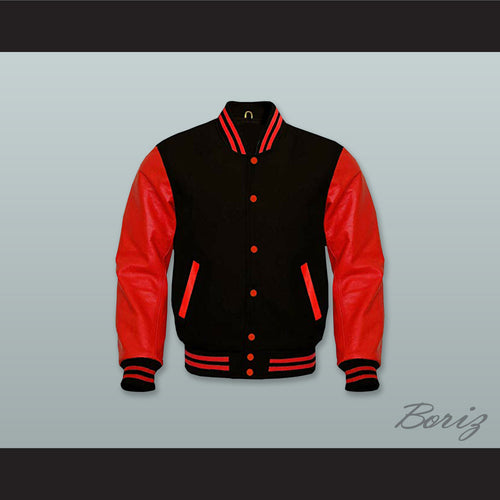 Black Wool and Red Lab Leather Varsity Letterman Jacket