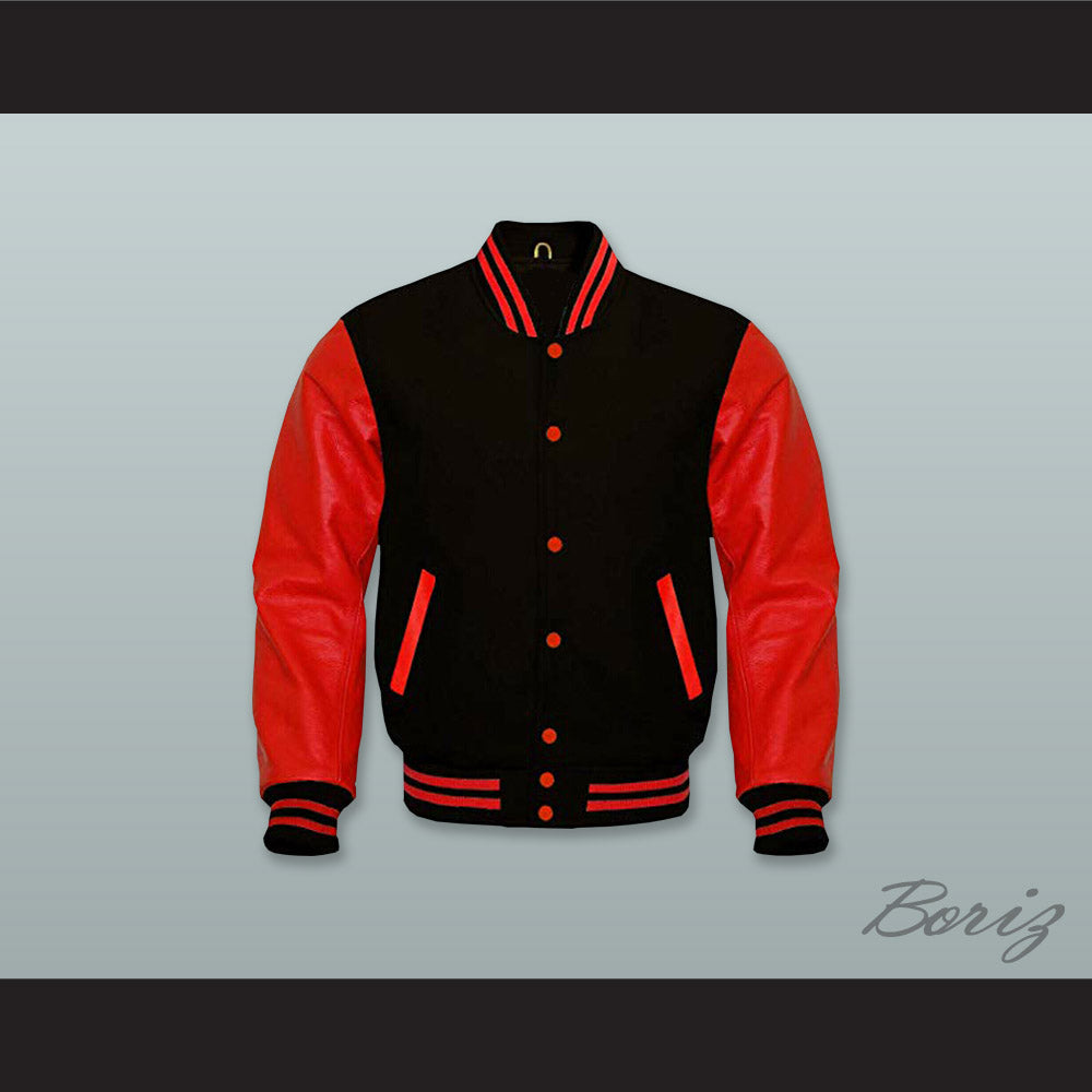 Black Wool and Red Lab Leather Varsity Letterman Jacket
