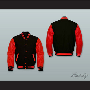 Black Wool and Red Lab Leather Varsity Letterman Jacket