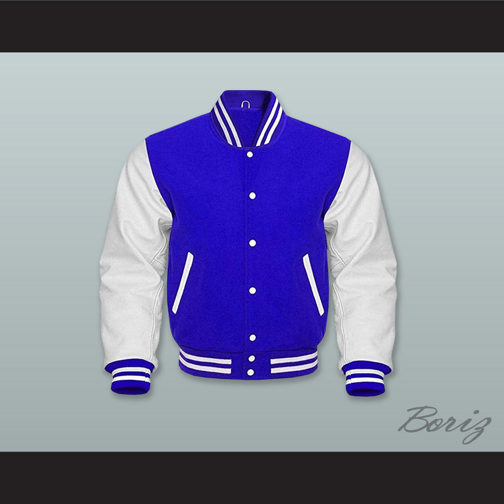 Blue Wool and White Lab Leather Varsity Letterman Jacket