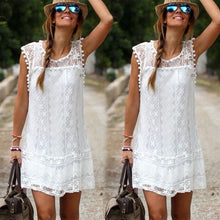 Load image into Gallery viewer, Boho Women O Neck White Lace Mini Short Dress Womens Fashion Sleeveless Lace Tassel Mini Short Dresses