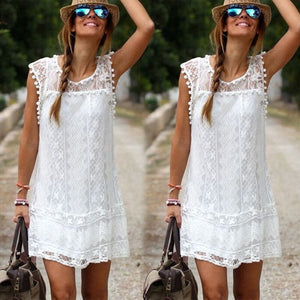 Boho Women O Neck White Lace Mini Short Dress Womens Fashion Sleeveless Lace Tassel Mini Short Dresses