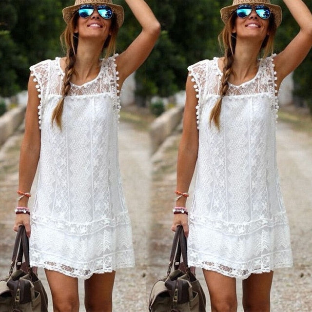 Boho Women O Neck White Lace Mini Short Dress Womens Fashion Sleeveless Lace Tassel Mini Short Dresses