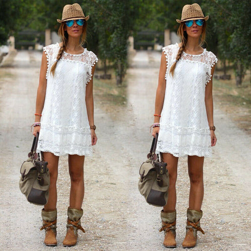 Boho Women O Neck White Lace Mini Short Dress Womens Fashion Sleeveless Lace Tassel Mini Short Dresses