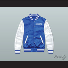 Load image into Gallery viewer, Bombers Tournament Shoot Out Blue/ White Varsity Letterman Satin Bomber Jacket