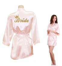 Load image into Gallery viewer, Bride Crown Team Bride Golden Glitter Print Kimono Robes Faux Silk Women Bachelorette Wedding Preparewear Free Shipping