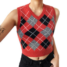 Load image into Gallery viewer, Brown Argyle Vintage Y2K Cropped Sweater Vest Autumn Sleeveless Knit Pullover Preppy Style Casual Plaid Knitwear 90s