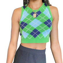Load image into Gallery viewer, Brown Argyle Vintage Y2K Cropped Sweater Vest Autumn Sleeveless Knit Pullover Preppy Style Casual Plaid Knitwear 90s