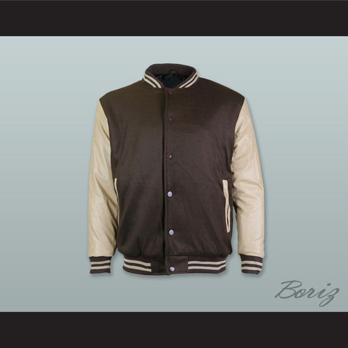 Brown Wool and Tan Lab Leather Varsity Letterman Jacket