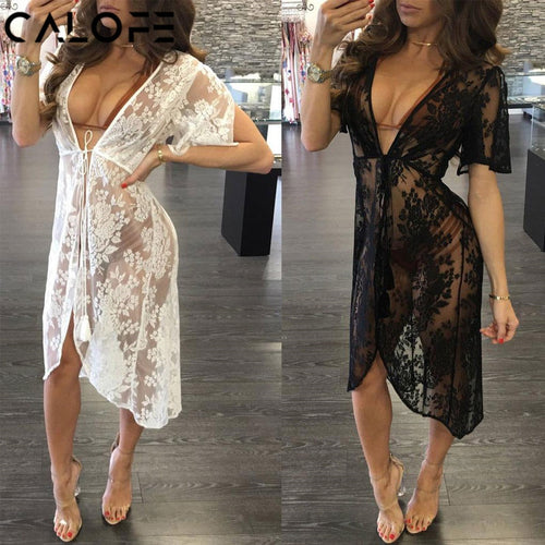 CALOFE Long Lace Sexy Beach Cover Up Swim Dress Women Beach Dress Bikini Cover Up Swimwear Women  Cover-up Bikini Swimsuit Cover
