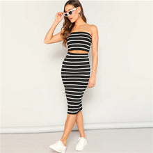 Load image into Gallery viewer, COLROVIE Black Striped Strapless Crop Bandeau Top With Split Skirt Set Women Two Piece Set 2019 Summer Sleeveless Sexy Suit Set