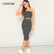 Load image into Gallery viewer, COLROVIE Black Striped Strapless Crop Bandeau Top With Split Skirt Set Women Two Piece Set 2019 Summer Sleeveless Sexy Suit Set
