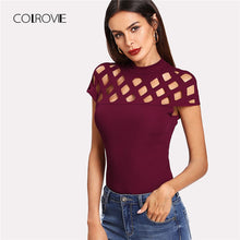 Load image into Gallery viewer, COLROVIE Cutout Neckline Zip Back Tee Maroon Stand Collar Cap Sleeve Zipper Women Top Summer Zipper Elegant T-shirt
