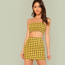Load image into Gallery viewer, COLROVIE Plaid Print Shirred Strapless Crop Top And Skirt Set Summer Yellow Zipper Beach Two Piece Set Vacation Women Sets