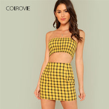 Load image into Gallery viewer, COLROVIE Plaid Print Shirred Strapless Crop Top And Skirt Set Summer Yellow Zipper Beach Two Piece Set Vacation Women Sets