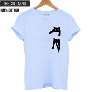 COOLMIND QI0232B 100% cotton cat print women T shirt casual short sleeve Tshirt female o-neck loose women t-shirt tops tee shirt