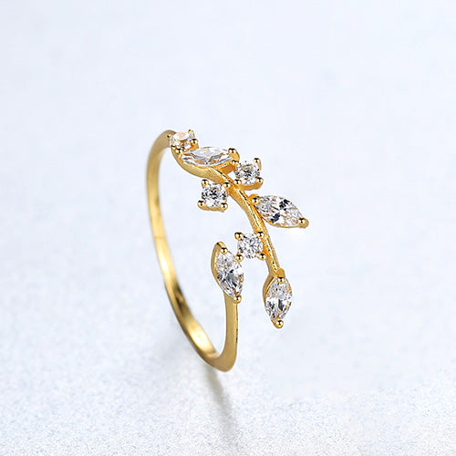 CZCITY Korean 925 Sterling Silver Handmade Olive Leaf Rings for Women Exquisite CZ Stone Adjustable Open Ring Silver 925 Jewelry