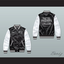 Load image into Gallery viewer, Kingpin Cartel Community College Black/ White Varsity Letterman Satin Bomber Jacket