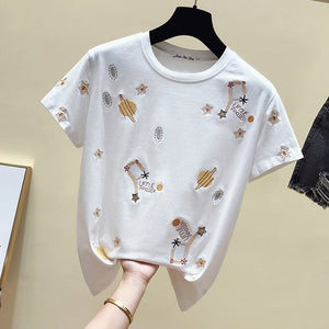 Casual Black Tee Shirt 2019 Korea White T shirt Women Clothes Summer Short Sleeve Embroidery Vintage TShirt Female Tops 4863 50