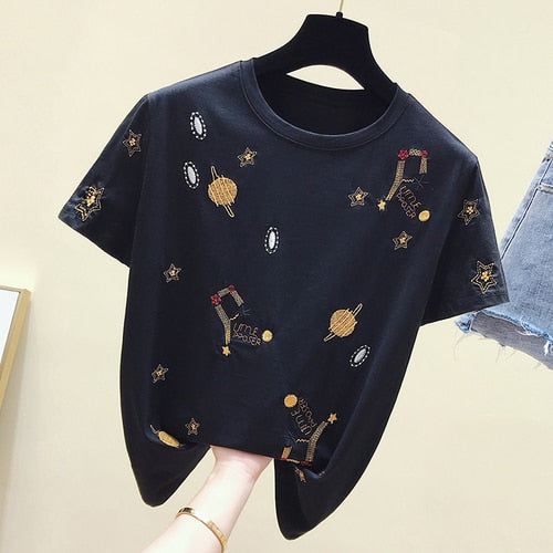 Casual Black Tee Shirt 2019 Korea White T shirt Women Clothes Summer Short Sleeve Embroidery Vintage TShirt Female Tops 4863 50