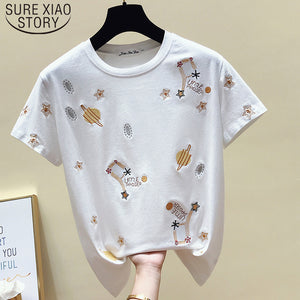 Casual Black Tee Shirt 2019 Korea White T shirt Women Clothes Summer Short Sleeve Embroidery Vintage TShirt Female Tops 4863 50