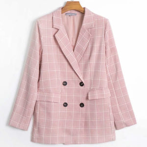 Casual Women's Pink Plaid Jacket Feminine 2020 new autumn loose mid-length women's blazer Fashion small suit double breasted