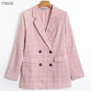 Casual Women's Pink Plaid Jacket Feminine 2020 new autumn loose mid-length women's blazer Fashion small suit double breasted