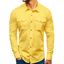 Load image into Gallery viewer, Casual Yellow Shirt Men's Long Sleeve Solid Shirt Men Button Pockets Spring Men Dress Shirt Slim Sit Luxury Cotton Clothing