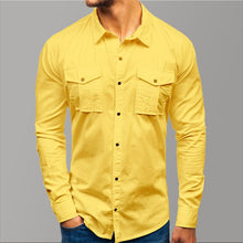 Load image into Gallery viewer, Casual Yellow Shirt Men's Long Sleeve Solid Shirt Men Button Pockets Spring Men Dress Shirt Slim Sit Luxury Cotton Clothing