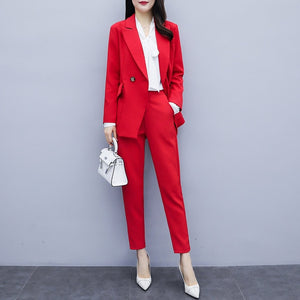 Casual high quality women's suits pants suit Autumn new slim red ladies red jacket small suit Female large size slim trousers