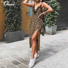 Load image into Gallery viewer, Celmia 2020 Sexy Summer Dress Spaghetti Straps Women V-neck Lace Leopard Print Sundress Sleeveless Beach Split Midi Vestidos 5XL