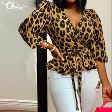 Load image into Gallery viewer, Celmia Women Blouses 5XL Elegant Office Tunic Shirt Sexy Deep V-Neck Leopard Print Belted Fashion Tops Ruffles Blusas Femininas