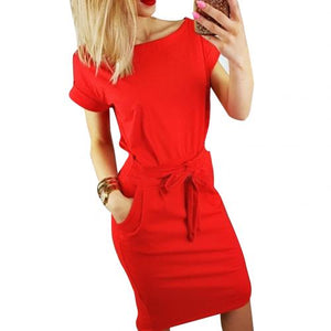 Chic Women Sexy Short Sleeve Round Neck Slim Waistband Pocket Bodycon Midi Dress