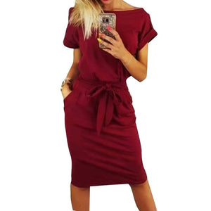 Chic Women Sexy Short Sleeve Round Neck Slim Waistband Pocket Bodycon Midi Dress