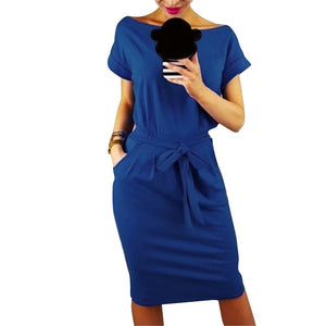 Chic Women Sexy Short Sleeve Round Neck Slim Waistband Pocket Bodycon Midi Dress