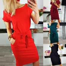 Load image into Gallery viewer, Chic Women Sexy Short Sleeve Round Neck Slim Waistband Pocket Bodycon Midi Dress