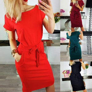 Chic Women Sexy Short Sleeve Round Neck Slim Waistband Pocket Bodycon Midi Dress