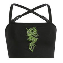 Load image into Gallery viewer, Chinese Style Streetwear Crop Top Women Cami Dragon Embroidery Buckle Criss-Cross Summer Top 2019 Short Festival Tops
