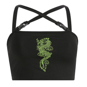 Chinese Style Streetwear Crop Top Women Cami Dragon Embroidery Buckle Criss-Cross Summer Top 2019 Short Festival Tops